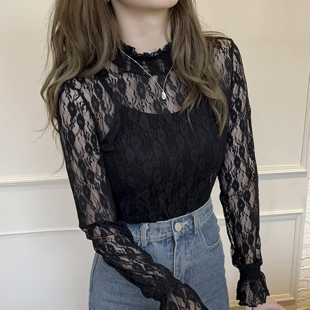 レディース 総レースブラウス セクシー 可愛い バブル 重ね着シースルートップス Amazon | [SEYIXU] レディース 総レースブラウス セクシー